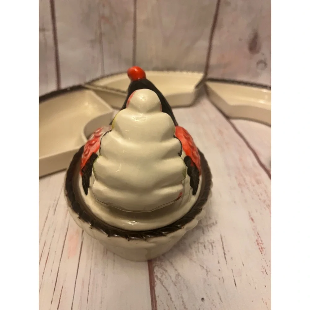 Vintage Lazy‎ Susan Red Rooster / Hen Metlox Poppytail Vtg Ceramic Relish Tray